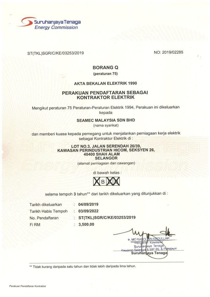 Obtained Electrical Contractor License by Suruhanjaya Tenaga, ST